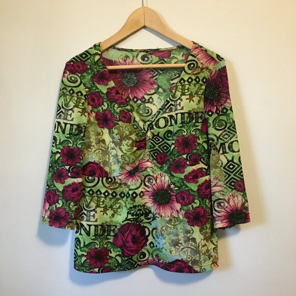 Vintage Tops - Y2K 'Save The World' Retro Flowers + Text Printed Mesh Top